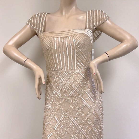 Adrianna papell cap sleeves sweetheart neckline beaded long gown - Picture 3 of 8